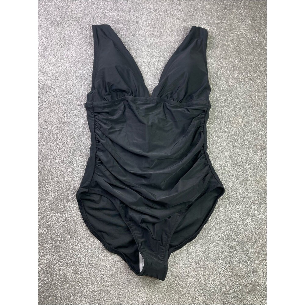 J. Crew Factory Ruched Plunge One-Piece Swimsuit Women's XL Black Lined Padded